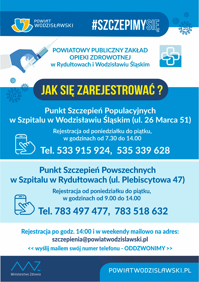 Rejestracja na szczepienia w punktach szczepień PPZOZ Wodzisław Śl. i Rydułtowy